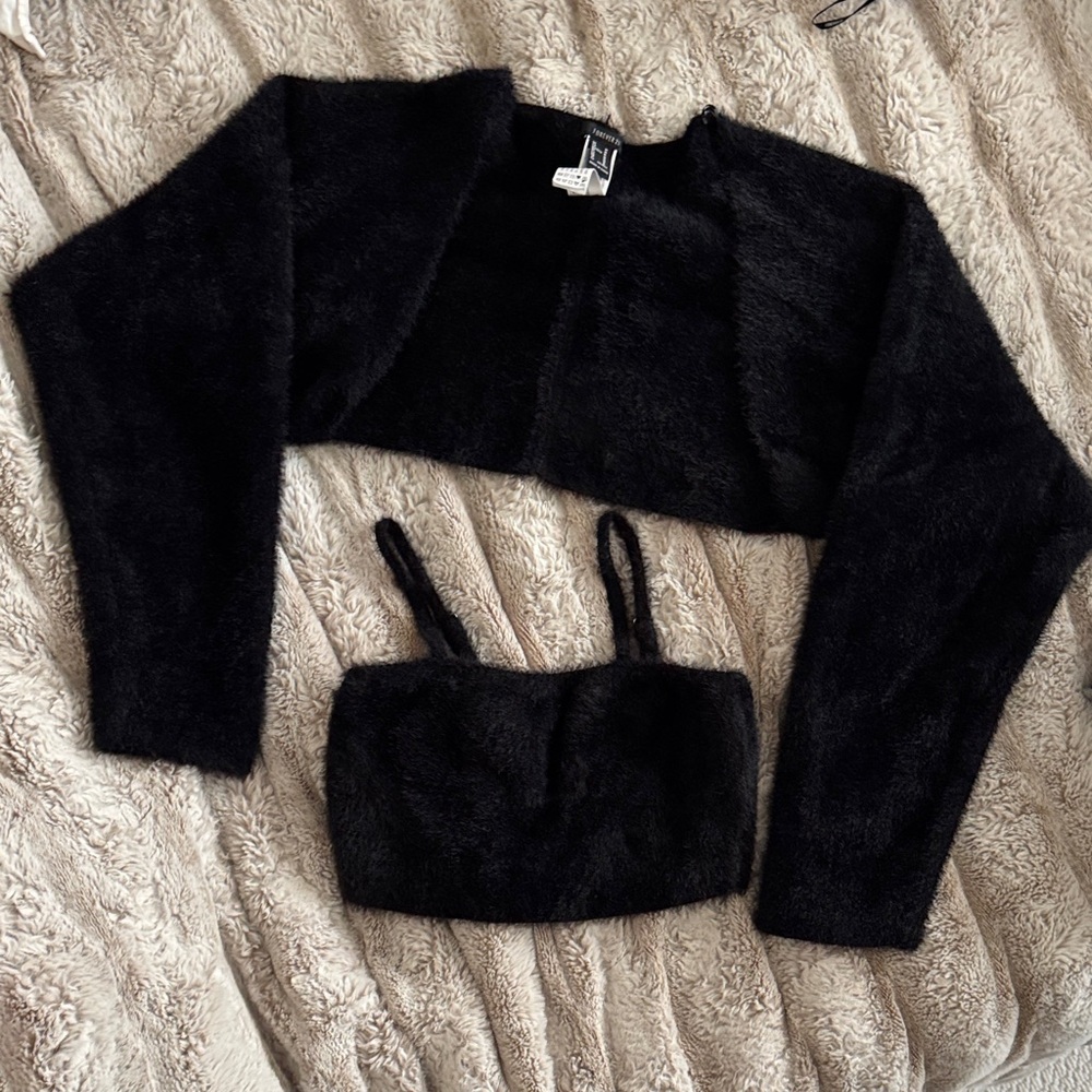 Black Fuzzy Cropped Tank with Thin Straps and matching Bolero.